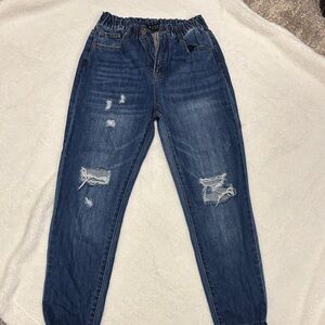 Casual Blue Distressed Mom Jeans